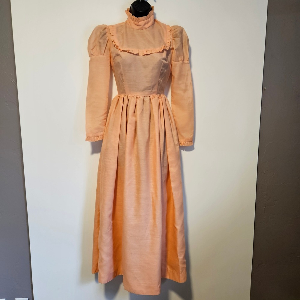 Vintage Prairie Maxi Dress XS Ruffle High Neck Puff Sleeve Bib Front Cottage 70s